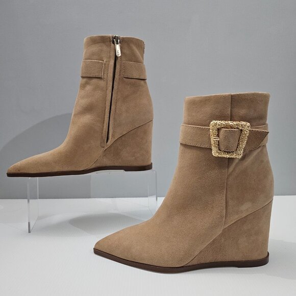 NEW Sam Edelman Weslie Ankle Bootie Womens 7 Tan Suede Wedge Pointed Toe Buckle - Picture 2 of 13